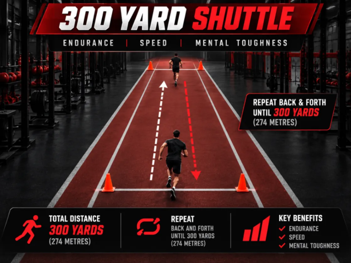 The 300-yard shuttle test graphic: repeated 25-yard runs testing endurance, speed and mental toughness