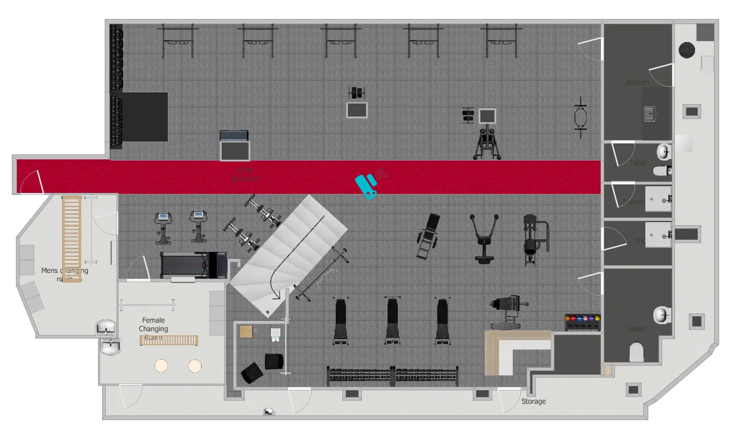 Labelled floor plan of the Evolve Fitness gym space showing the main gym area, changing rooms, showers, kitchen, storage and treatment space
